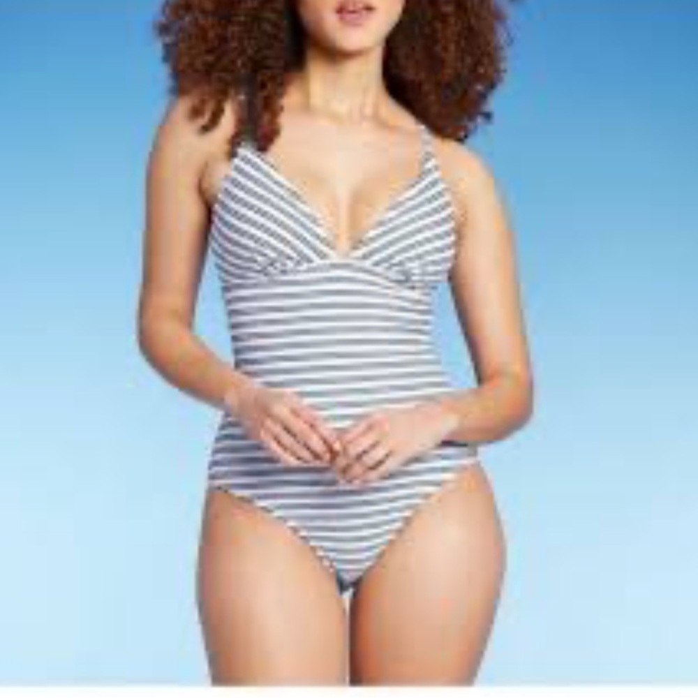 KONA SOL White & Blue Striped One Piece Swimsuit